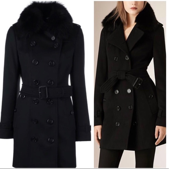 Burberry fur collar wool cashmere trench coat
